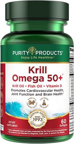 Purity Products كريل أوميجا 50 (كريل + مزيج زيت السمك 1000 مجم + أستازانتين 500 ميكروجرام + فوسفوليبيدات 200 مجم + فيتامين د 500 وحدة دولية) - 60 كبسولة هلامية صغيرة in Kuwait