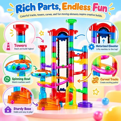 Ifollower 201Pcs Marble Run Kit with Motorized Elevator, Upgrade Mable Track Maze Race Construction Game, STEM Building Learning Toy, Birthday for Boys Girls Aged 3-12 in Kuwait