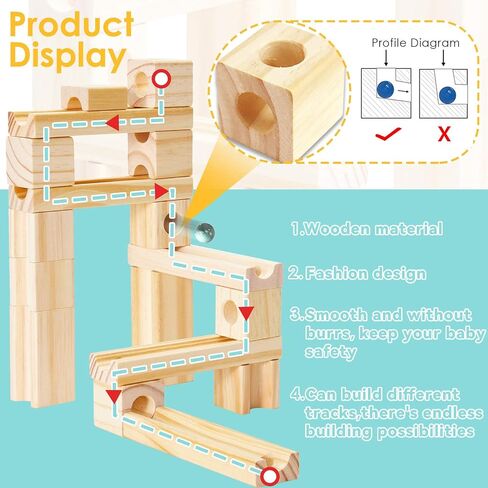 Wooden Marble Run for Kids, 60 Pieces Marble Maze Construction Building Set in Kuwait