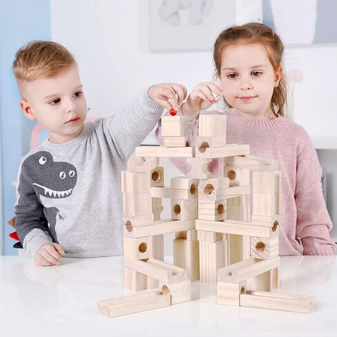 Wooden Marble Run for Kids, 60 Pieces Marble Maze Construction Building Set in Kuwait