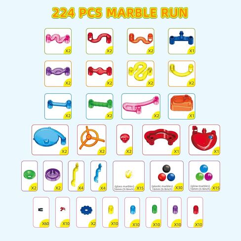 Tucrae 224 PCS Marble Runs Toys with Automatic Elevator Glowing Marble Maze Building Set STEM Puzzle Toys for 3 4 5+ Boys & Girls Children's Day, Christmas Easter Gifts(Containing 60 Marbles) in Kuwait
