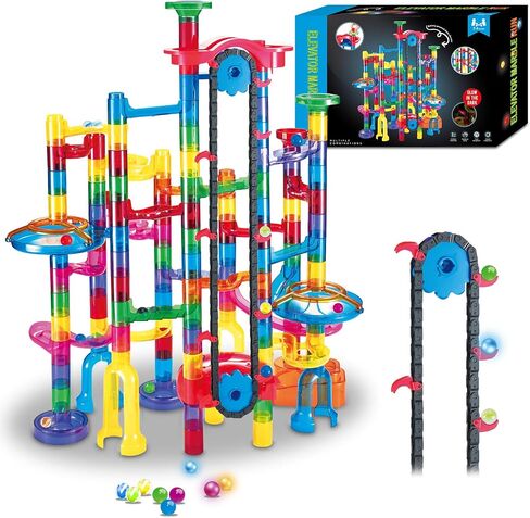 Tucrae 224 PCS Marble Runs Toys with Automatic Elevator Glowing Marble Maze Building Set STEM Puzzle Toys for 3 4 5+ Boys & Girls Children's Day, Christmas Easter Gifts(Containing 60 Marbles) in Kuwait