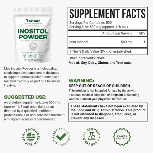 مسحوق Purisure Myo-Inositol، 250 جرام، الخصوبة، التوازن الهرموني ودعم المبيض، مسحوق Inositol النقي، مكمل Myo Inositol لدعم الطاقة وعافية الدماغ، نباتي، غير معدل وراثيًا، 500 حصة in Kuwait