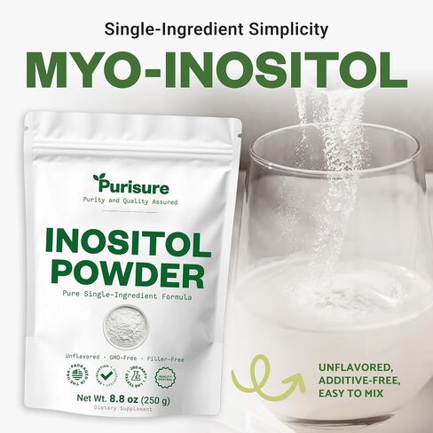 مسحوق Purisure Myo-Inositol، 250 جرام، الخصوبة، التوازن الهرموني ودعم المبيض، مسحوق Inositol النقي، مكمل Myo Inositol لدعم الطاقة وعافية الدماغ، نباتي، غير معدل وراثيًا، 500 حصة in Kuwait