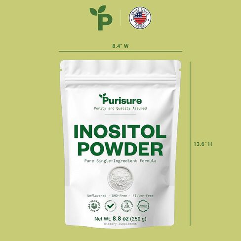 مسحوق Purisure Myo-Inositol، 250 جرام، الخصوبة، التوازن الهرموني ودعم المبيض، مسحوق Inositol النقي، مكمل Myo Inositol لدعم الطاقة وعافية الدماغ، نباتي، غير معدل وراثيًا، 500 حصة in Kuwait