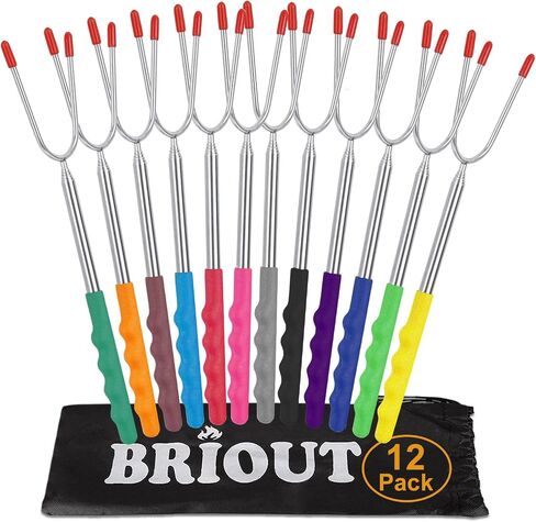 Briout Marshmallow Roasting Sticks 12 Colors Extra Long 45'' Stainless Telescoping Hot Dog Smores Skewers Kids Safe Barbecue Forks for Campfire, Bonfire and Grill(12 Count) in Kuwait