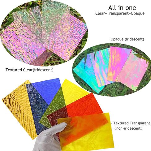 Lanyani 12 Sheets Iridescent Stained Glass Sheets, Cathedral Art Glass Packs for Mosaic Work Craft, Assorted Clear+Opaque+Colored Transparent in Saudi Arabia