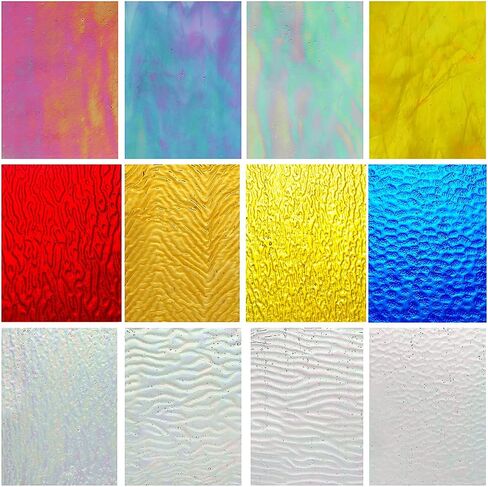 Lanyani 12 Sheets Iridescent Stained Glass Sheets, Cathedral Art Glass Packs for Mosaic Work Craft, Assorted Clear+Opaque+Colored Transparent in Saudi Arabia