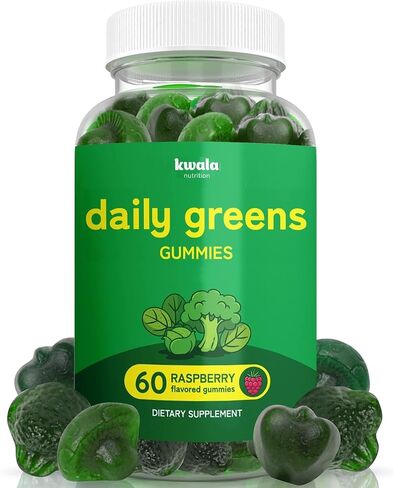 Kwala Nutrition Daily Super Greens Gummies to Boost Energy - 8 Blends with Veggies, Lions Mane Mushroom, Spirulina and Ashwagandha - Vegetable Supplements - Vegan, Non-GMO - Raspberry Flavor in Kuwait