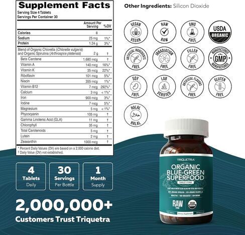 Organic Spirulina & Chlorella Tablets – 4 Organic Certifications, Raw, Non-Irradiated – 50/50 Blue Green Algae Blend – Antioxidant Content Equal to 5 Servings of Vegetables (120 Tablets) in Kuwait