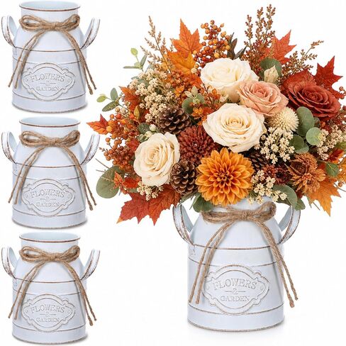 Roshtia 4 Pcs 6 Inch Vintage Metal Flower Vase Shabby Chic Farmhouse Jug Vase Galvanized Milk Can with Handle Retro White Farmhouse Vases Mini Pitcher Rustic Home Decor for Home Living Room Table in Saudi Arabia