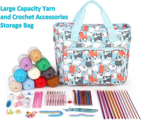 Aeelike Yarn Storage Bag Organizer, Large Crochet Tote Bag, Blue Cat in Kuwait
