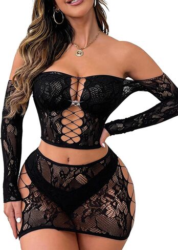 XIUSEMY Women Lingerie Set Sexy Bodysuit Two Piece Babydoll Fishnet Nightwear in Kuwait
