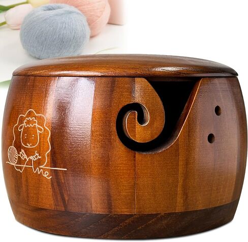 Wood Yarn Bowl with Lid, Crochet Bowls for Yarn,Knitting Yarn Bowl with Holes Storage,Yarn Holder Bowl for Crocheting and Knitting 7X4in,Knitting Bowl for Handmade Crocheting Accessories in Kuwait