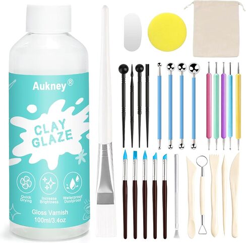Aukney 100ML Air Dry Clay Glaze and 29pcs Tool Kit, High Gloss Air Dry Clay Glaze, Sealant, Prevent Clay from Cracking, and Scratch Resistant - Pottery Tools for Stippling, Shaping Clay Crafts in Kuwait