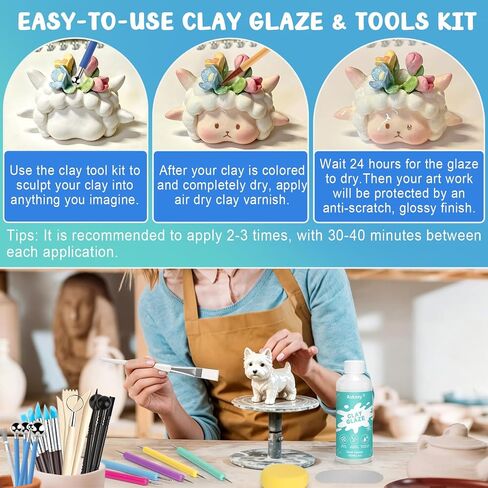 Aukney 100ML Air Dry Clay Glaze and 29pcs Tool Kit, High Gloss Air Dry Clay Glaze, Sealant, Prevent Clay from Cracking, and Scratch Resistant - Pottery Tools for Stippling, Shaping Clay Crafts in Kuwait