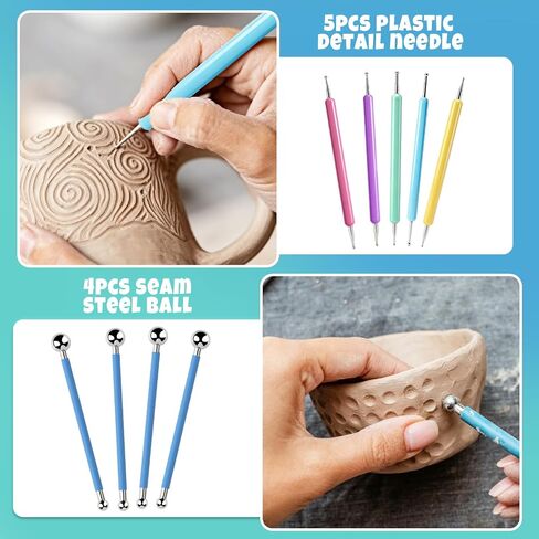 Aukney 100ML Air Dry Clay Glaze and 29pcs Tool Kit, High Gloss Air Dry Clay Glaze, Sealant, Prevent Clay from Cracking, and Scratch Resistant - Pottery Tools for Stippling, Shaping Clay Crafts in Kuwait