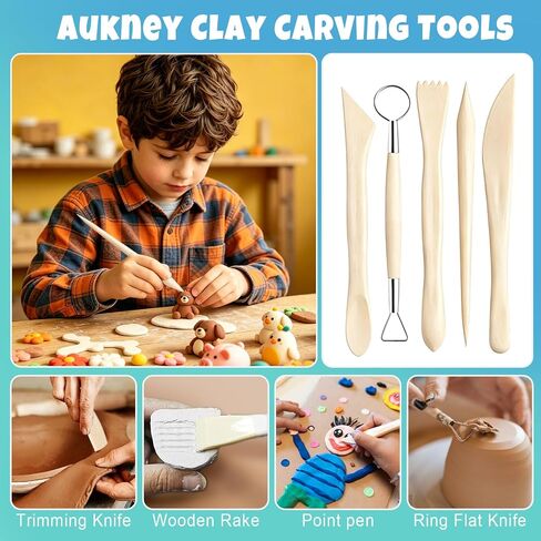 Aukney 100ML Air Dry Clay Glaze and 29pcs Tool Kit, High Gloss Air Dry Clay Glaze, Sealant, Prevent Clay from Cracking, and Scratch Resistant - Pottery Tools for Stippling, Shaping Clay Crafts in Kuwait