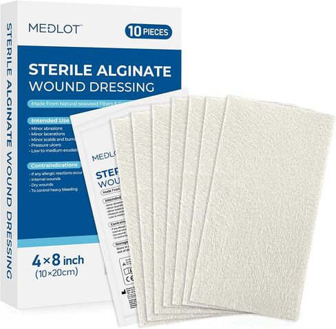 LotFancy Calcium Alginate Wound Dressing, 4"x8" Patches, 10 Count, Non-Stick Padding, Highly Absorbent Wound Dressings Pads for Emergency Care, Fast Healing in Saudi Arabia