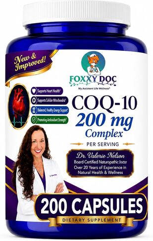 دكتور فاليري نيلسون CoQ10 - الإنزيم المساعد Q10 - 200 مجم - قيمة ممتازة - 200 كبسولة - امتصاص سريع - نباتي. قبعات - غير معدلة وراثيًا - يوبيكوينون - مكمل للطاقة القلبية والخلوية والدماغ من Foxxy Doc in Kuwait