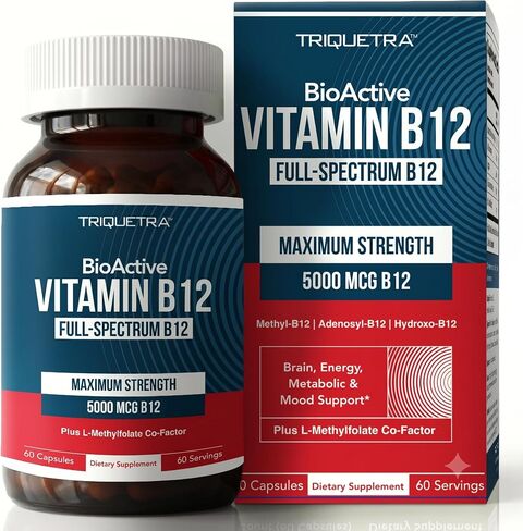 BioActive Vitamin B12 - 5000 mcg, Contains 3 BioActive B12 Forms Plus Methylfolate Cofactor - Methyl B12, Adenosyl B12 & Hydroxy B12 | Supports Energy, Metabolism & Mood | Vegan, Non-GMO (60 Servings) in Kuwait