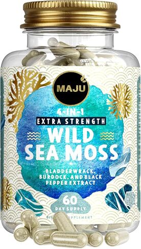 كبسولات MAJU Wild Irish Sea Moss (120 قيراط)، أقوى من الجل، 4 في 1 مع جذر المثانة + جذر الأرقطيون، عضوي، مستوحى من سيبي، خام، مسحوق حبوب طحالب البحر، بري، زجاجة واحدة in Kuwait