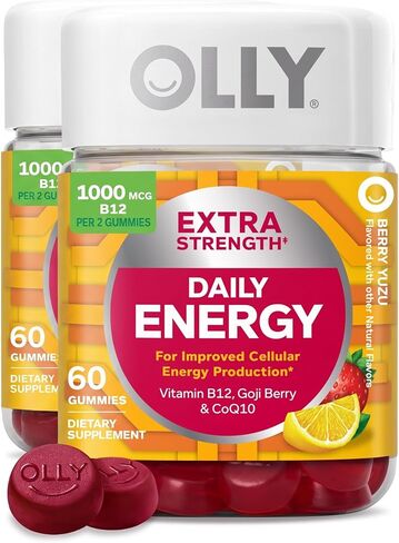 OLLY Extra Strength Daily Energy Gummy, Caffeine Free, 1000mcg Vitamin B12, CoQ10, Goji Berry, Adult Chewable Supplement, Berry Yuzu Flavor - 60 Count in Kuwait
