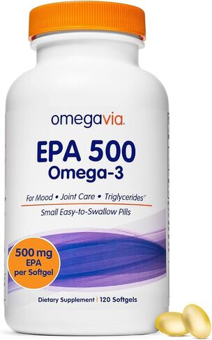 زيت السمك OmegaVia EPA 500 Omega-3، 120 كبسولة، 500 مجم EPA/حبوب منع الحمل، تركيبة EPA عالية النقاء (شكل الدهون الثلاثية)، معتمد من IFOS 5 نجوم، مع كبسولة جيلاتين السمك، خالي من الغلوتين، غير معدل وراثيًا in Kuwait