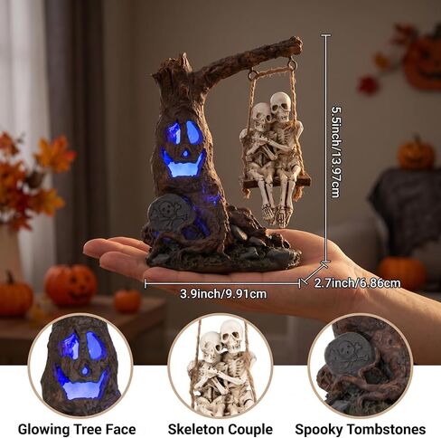 Halloween skull statue with spooky LED light for holiday decorations,Halloween decor with romantic skeleton couple on swing tombstone tree,Grinning skull decor,Halloween props haunted collectible gift in Kuwait