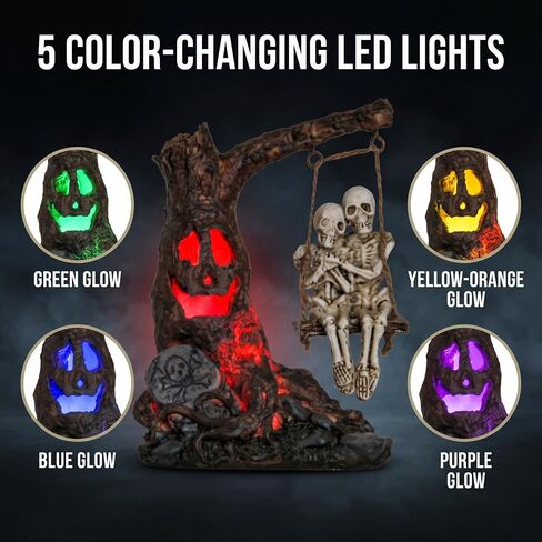 Halloween skull statue with spooky LED light for holiday decorations,Halloween decor with romantic skeleton couple on swing tombstone tree,Grinning skull decor,Halloween props haunted collectible gift in Kuwait