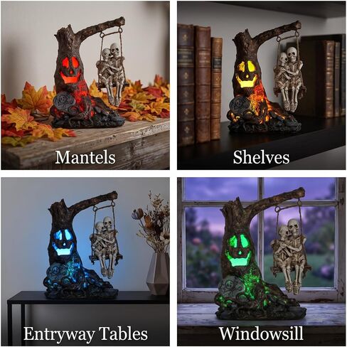 Halloween skull statue with spooky LED light for holiday decorations,Halloween decor with romantic skeleton couple on swing tombstone tree,Grinning skull decor,Halloween props haunted collectible gift in Kuwait