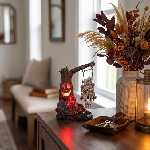 Halloween skull statue with spooky LED light for holiday decorations,Halloween decor with romantic skeleton couple on swing tombstone tree,Grinning skull decor,Halloween props haunted collectible gift in Kuwait