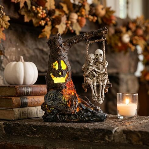 Halloween skull statue with spooky LED light for holiday decorations,Halloween decor with romantic skeleton couple on swing tombstone tree,Grinning skull decor,Halloween props haunted collectible gift in Kuwait