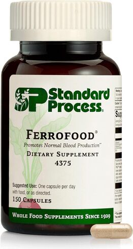 معالجة قياسية من Ferrofood - مضادات الأكسدة الغذائية الكاملة، الدم الصحي والهيموجلوبين مع السيانوكوبالامين، Acerola، Shiitake، نخالة الأرز، الجزر العضوي، البرسيم، الطحلب الإسباني - 150 كبسولة in Kuwait