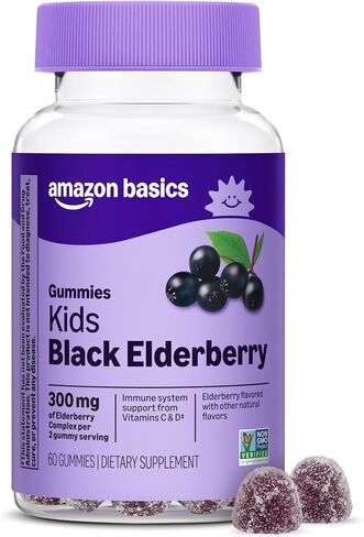 Amazon Brand - Mama Bear Vegetarian Kids Black Elderberry Gummies 300 mg with Vitamins C, D, E and Zinc, Immune System Support, 60 Count (1 to 2 Month Supply), Non-GMO, Gluten Free in Kuwait