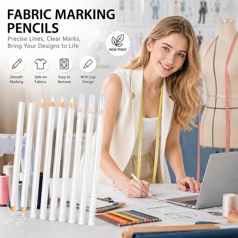 Fabric Marking Pencils 8PCS 17.5cm for Sewing | Washable White with Caps in Saudi Arabia