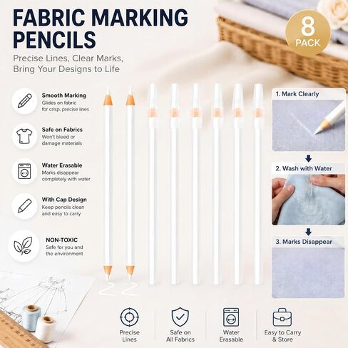 Fabric Marking Pencils 8PCS 17.5cm for Sewing | Washable White with Caps in Saudi Arabia