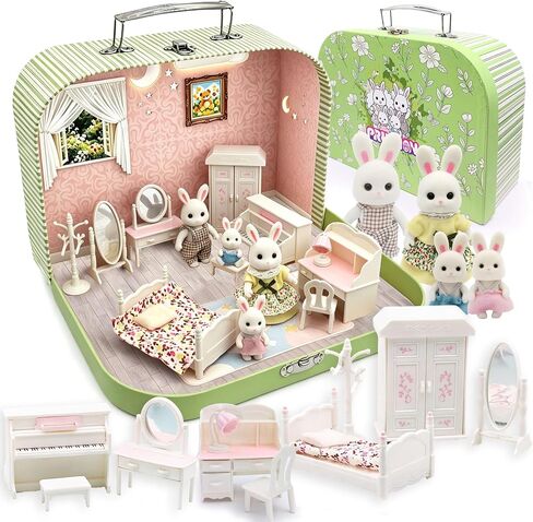 Dollhouse Bedroom Furniture Accessories Suitcase Set for Kids, Miniature Bed Wardrobe Dressing Mirror Piano Chair Table & 4 Flexible Dolls, Pretend Play Toy for Girls Ages 3+ (Girls' Bedroom) in Kuwait