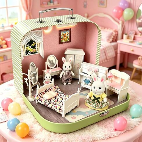 Dollhouse Bedroom Furniture Accessories Suitcase Set for Kids, Miniature Bed Wardrobe Dressing Mirror Piano Chair Table & 4 Flexible Dolls, Pretend Play Toy for Girls Ages 3+ (Girls' Bedroom) in Kuwait