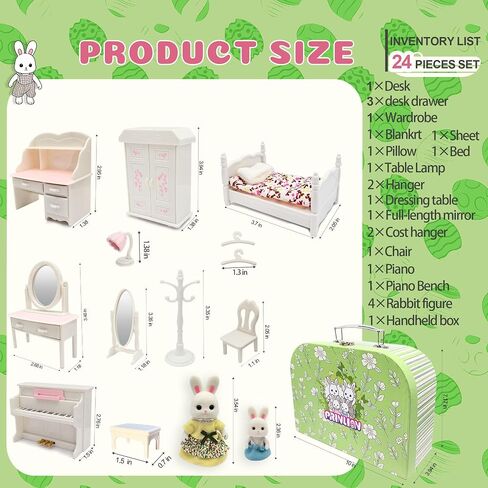 Dollhouse Bedroom Furniture Accessories Suitcase Set for Kids, Miniature Bed Wardrobe Dressing Mirror Piano Chair Table & 4 Flexible Dolls, Pretend Play Toy for Girls Ages 3+ (Girls' Bedroom) in Kuwait