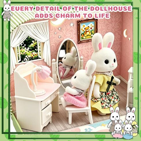 Dollhouse Bedroom Furniture Accessories Suitcase Set for Kids, Miniature Bed Wardrobe Dressing Mirror Piano Chair Table & 4 Flexible Dolls, Pretend Play Toy for Girls Ages 3+ (Girls' Bedroom) in Kuwait