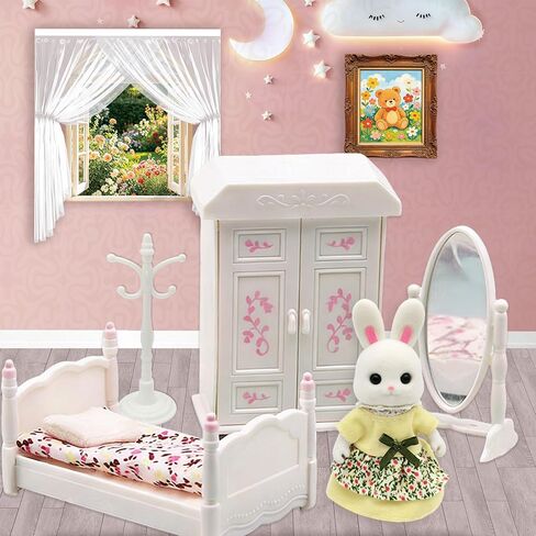 Dollhouse Bedroom Furniture Accessories Suitcase Set for Kids, Miniature Bed Wardrobe Dressing Mirror Piano Chair Table & 4 Flexible Dolls, Pretend Play Toy for Girls Ages 3+ (Girls' Bedroom) in Kuwait