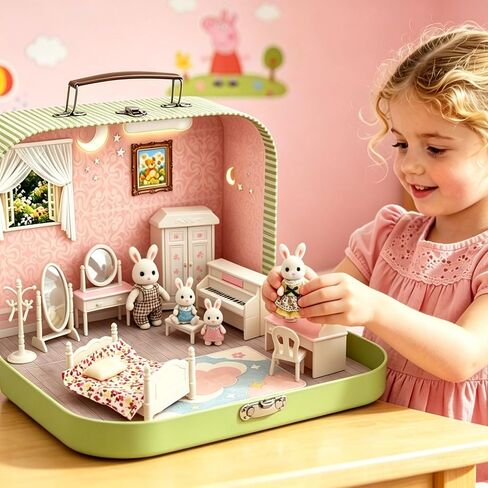 Dollhouse Bedroom Furniture Accessories Suitcase Set for Kids, Miniature Bed Wardrobe Dressing Mirror Piano Chair Table & 4 Flexible Dolls, Pretend Play Toy for Girls Ages 3+ (Girls' Bedroom) in Kuwait