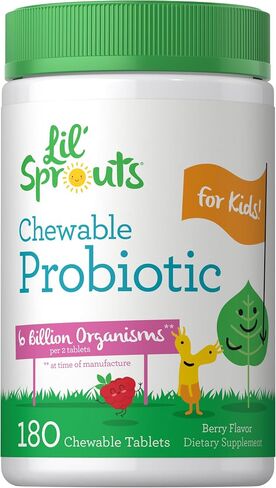 Probiotics for Kids | 200 Chewable Tablets | 6 Billion CFUs | Natural Raspberry Flavor | Non-GMO, Gluten Free Probiotics for Children | by Lil Sprouts in Kuwait