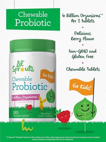 Probiotics for Kids | 200 Chewable Tablets | 6 Billion CFUs | Natural Raspberry Flavor | Non-GMO, Gluten Free Probiotics for Children | by Lil Sprouts in Kuwait