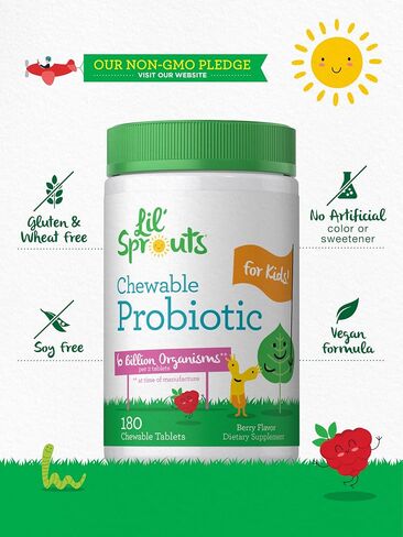 Probiotics for Kids | 200 Chewable Tablets | 6 Billion CFUs | Natural Raspberry Flavor | Non-GMO, Gluten Free Probiotics for Children | by Lil Sprouts in Kuwait