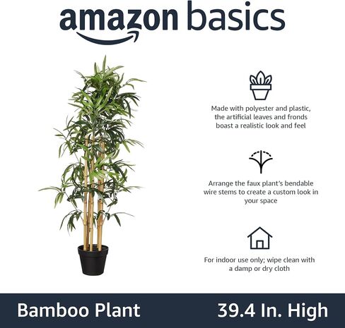 Amazon Basics Artificial Fake Bamboo Plant with Plastic Planter Pot, 39.4", Green in Kuwait