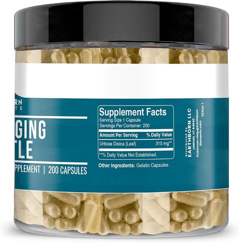كبسولات Earthborn Elements Stinging Nettle Leaf 200 كبسولة، نقية وغير مخففة، بدون إضافات in Kuwait
