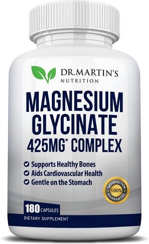 Premium Magnesium Glycinate 425mg - 180 Vegan Capsules - Helps with Stress Relief, Sleep, Muscle Cramps & Healthy Heart | in Kuwait