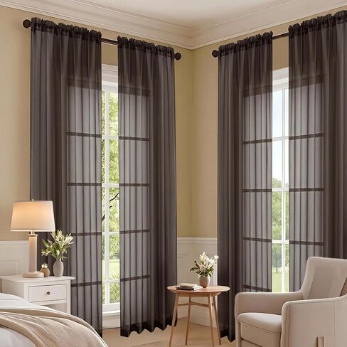 OVZME 2 Panels Black Sheer Valance - Short Fresh Sheer Curtain Valances for Windows Basement Semi Sheer Valances for Kitchen Window, Dual Rod Pocket (Black, 42 by 14 Inches Long) in Kuwait